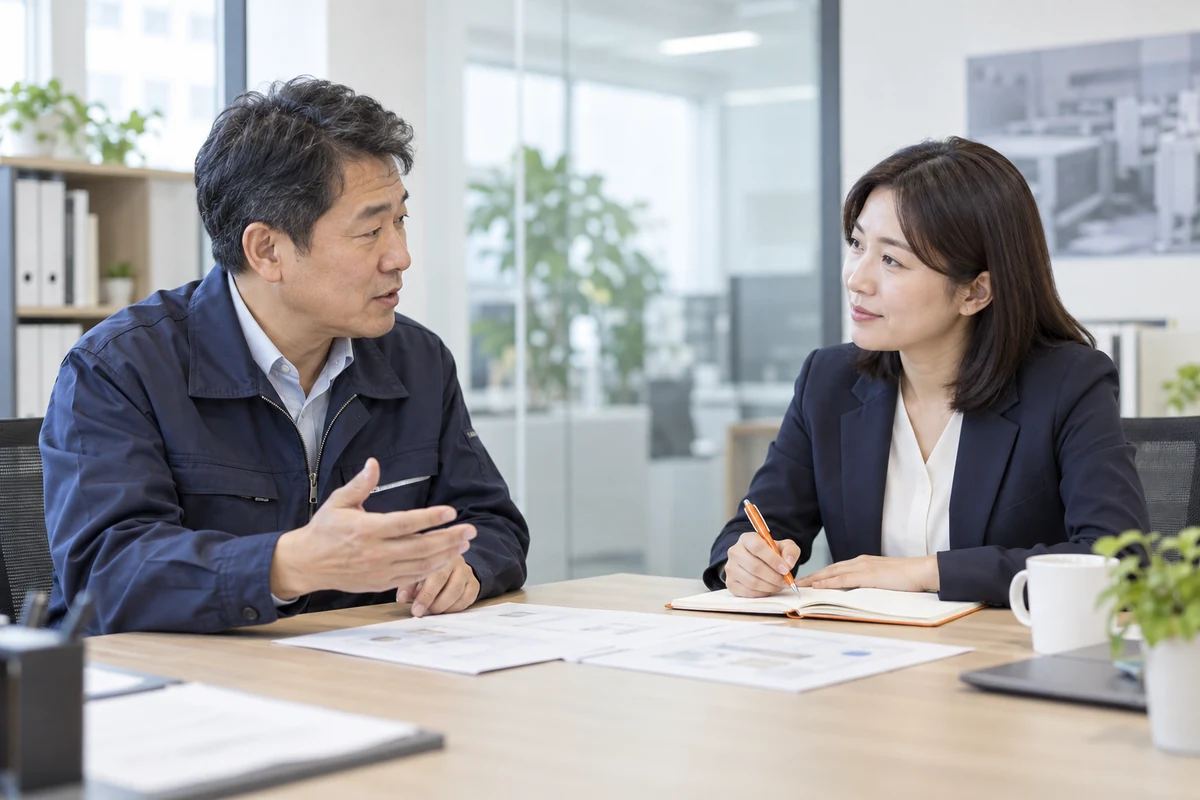 기업 대표의 사업 현황과 계획을 경청하는 한국인 상담 전문가의 예시