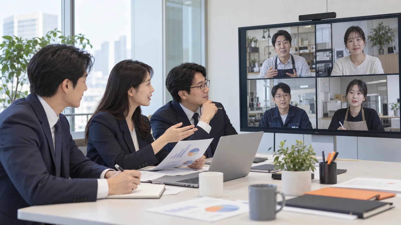 한국인 상담 담당자들이 여러 기업 관계자와 화면으로 자료를 보며 화상 상담하는 예시